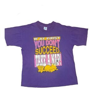 Vintage 90’s Garfield Jim Davis Big Print Graphic Purple Shirt XL RARE FIND